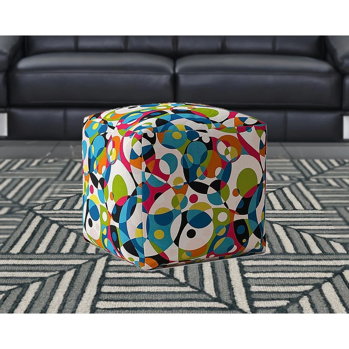 HomeRoots 17 White Blue And Green Cotton Patchwork Pouf Ottoman