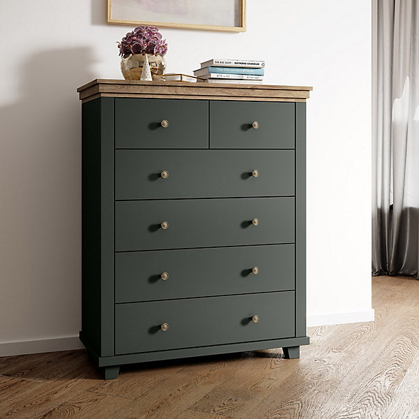 Commode XL design 6 tiroirs. Coloris vert kaki et chene. Collection ASSIA
