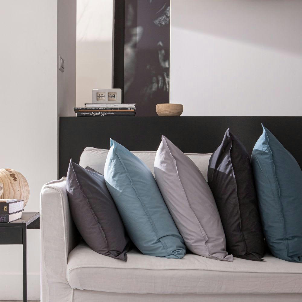 - Taie d'oreiller percale de coton lavé bleu lagon 65x65 cm