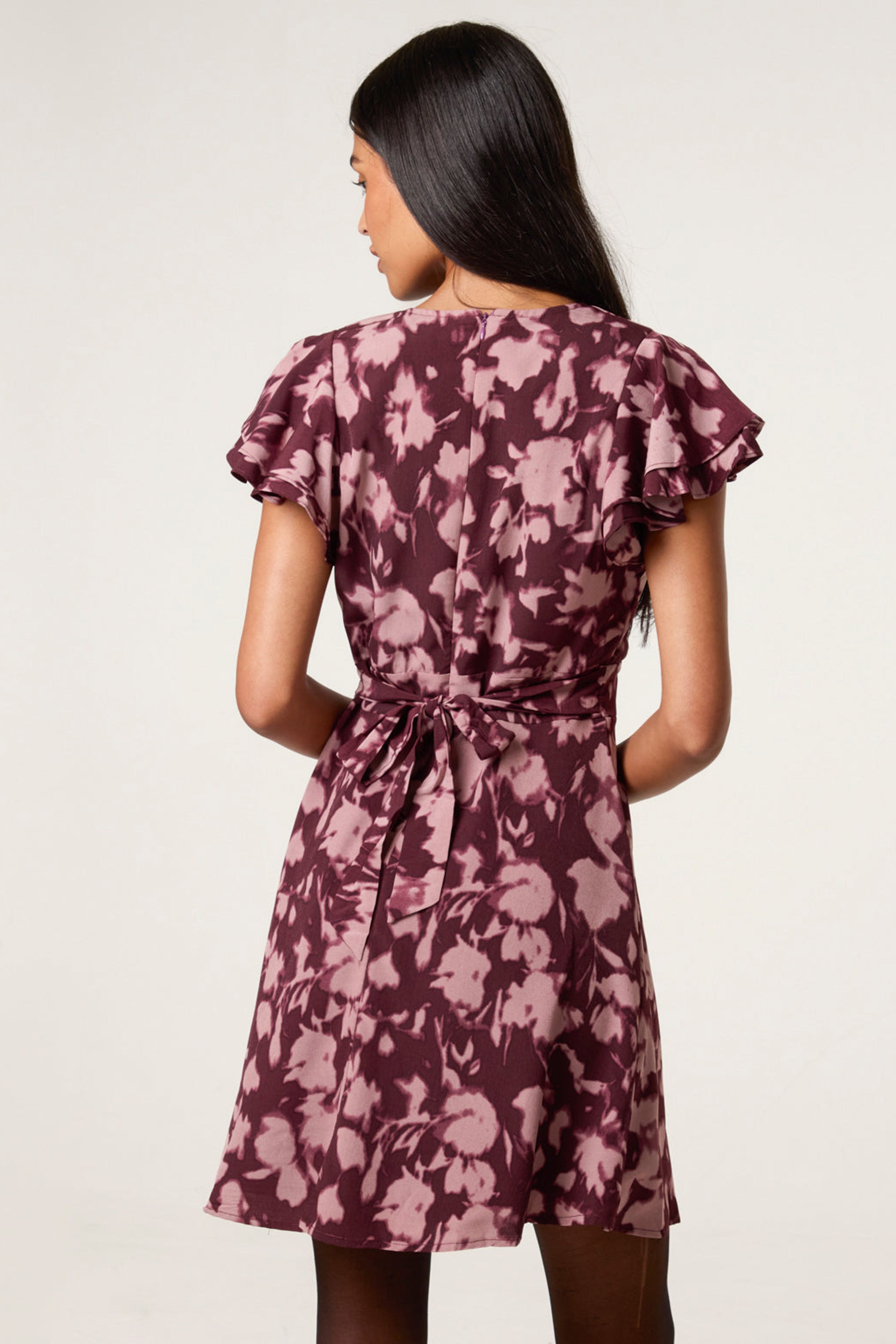 Blue Vanilla Dark Red Printed Frill Sleeve Mini Dress