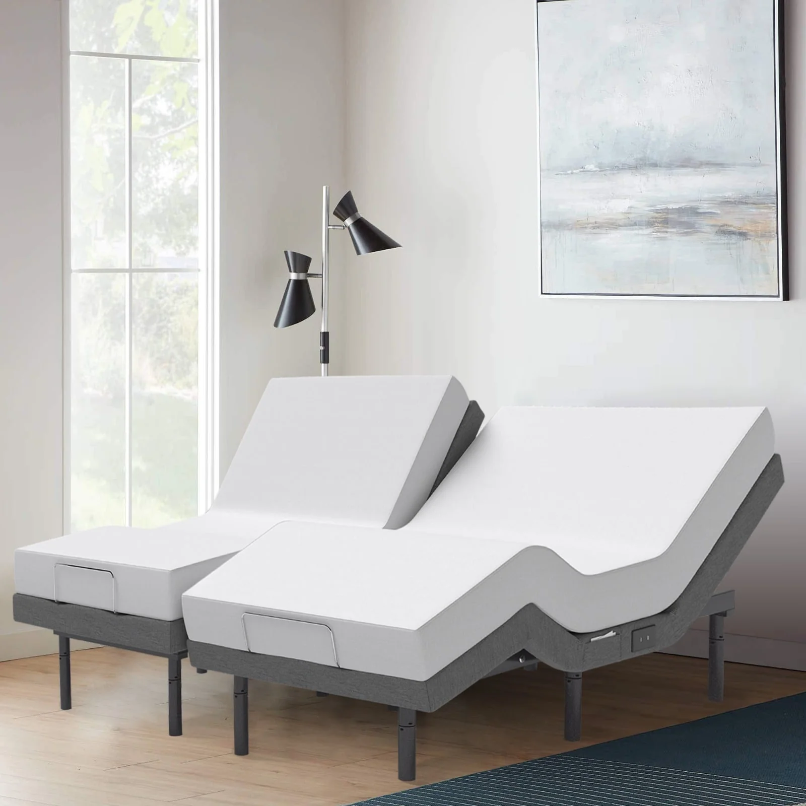 Renanim Adjustable Bed with 14 Mattress, Anti-Snore Preset, Dual Massage, USB Ports, App Control, Remote, Underbed Light