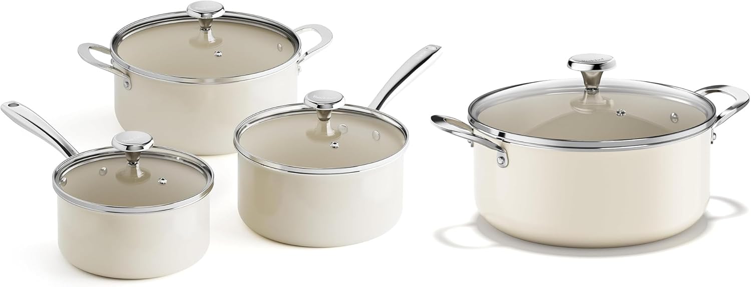 Redchef Cooking Pot Set Induction 5Qt, Saucepan Set 2.5/3.5Qt and 5 Qt Stock Pot with Lid, Compatible All Cooktops, Even Heat, Stay-Cool Handles, PTFE PFAS Free (Beige)