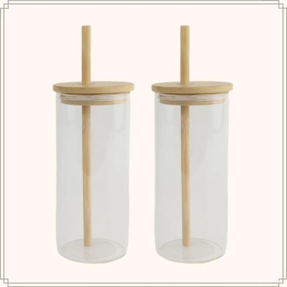 OTIX Drinkglazen met Bamboo Deksel met Rietje 2 Stuks 400 ml Waterglazen