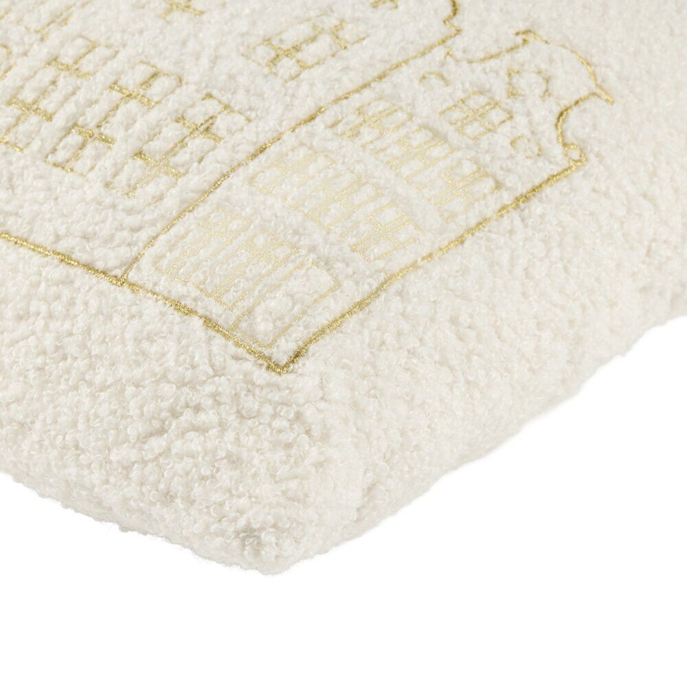 Coussin carré imprimé village de No&euml;l tissu bouclette L40X40Xép. 8 cm blanc