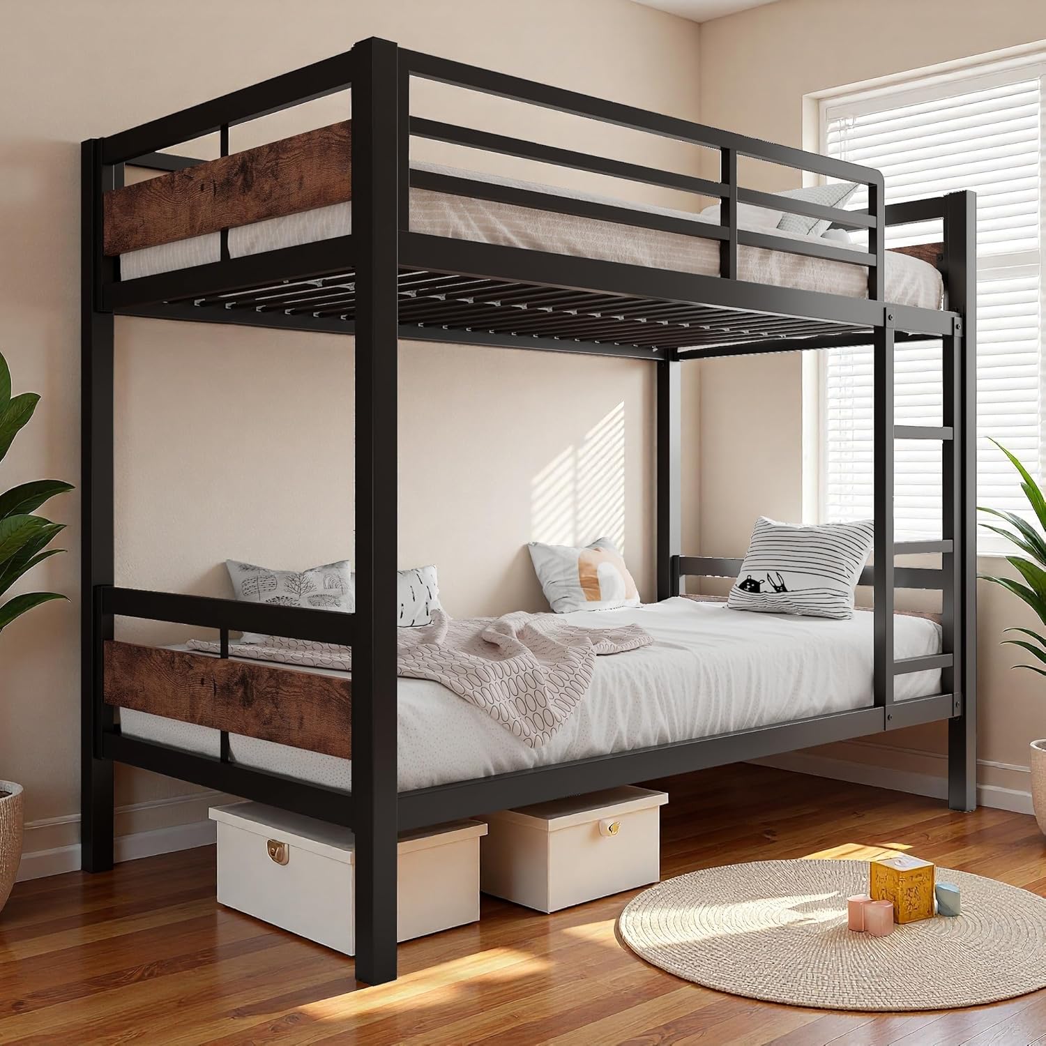 iPormis Metal Bunk Bed Twin Over Twin, HeHeavy Duty Bunk with High Guardrail and Safety Entrance Design, Under-Bed Storage Space, No Box Spring Needed, Noise Free, Vintage Brown