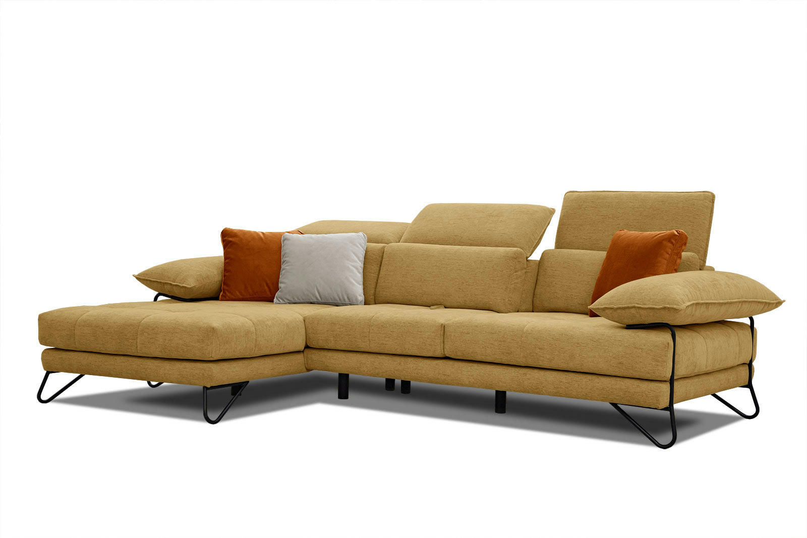 NORDEN - Canapé d'angle gauche 4 places en tissu jaune avec coussins déco