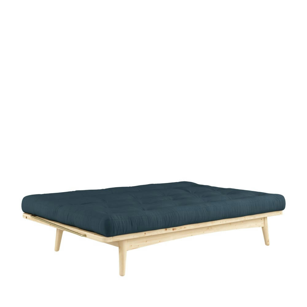FOLK - Canapé convertible en bois naturel et tissu bleu pétrole