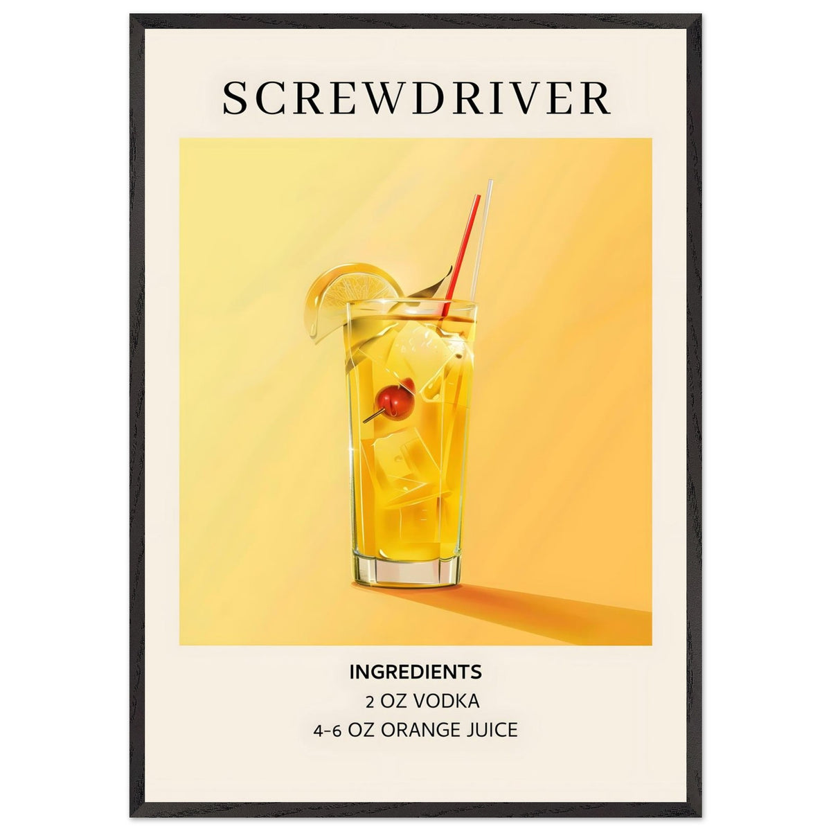 Artfulprints Poster met Lijst Screwdriver cocktail - Ingrediënten  - 70x100 cm - Geel