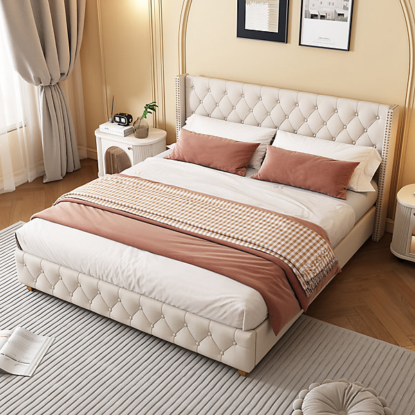 Lit 180x200 cm avec tête de lit capitonnée en lin beige et pieds en bois, cadre matelassé élégant