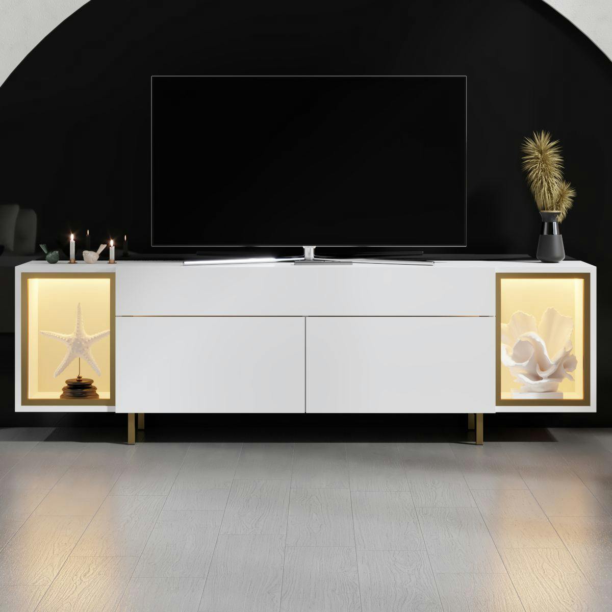 Meuble TV blanc et doré 2 portes 2 niches LED AURA