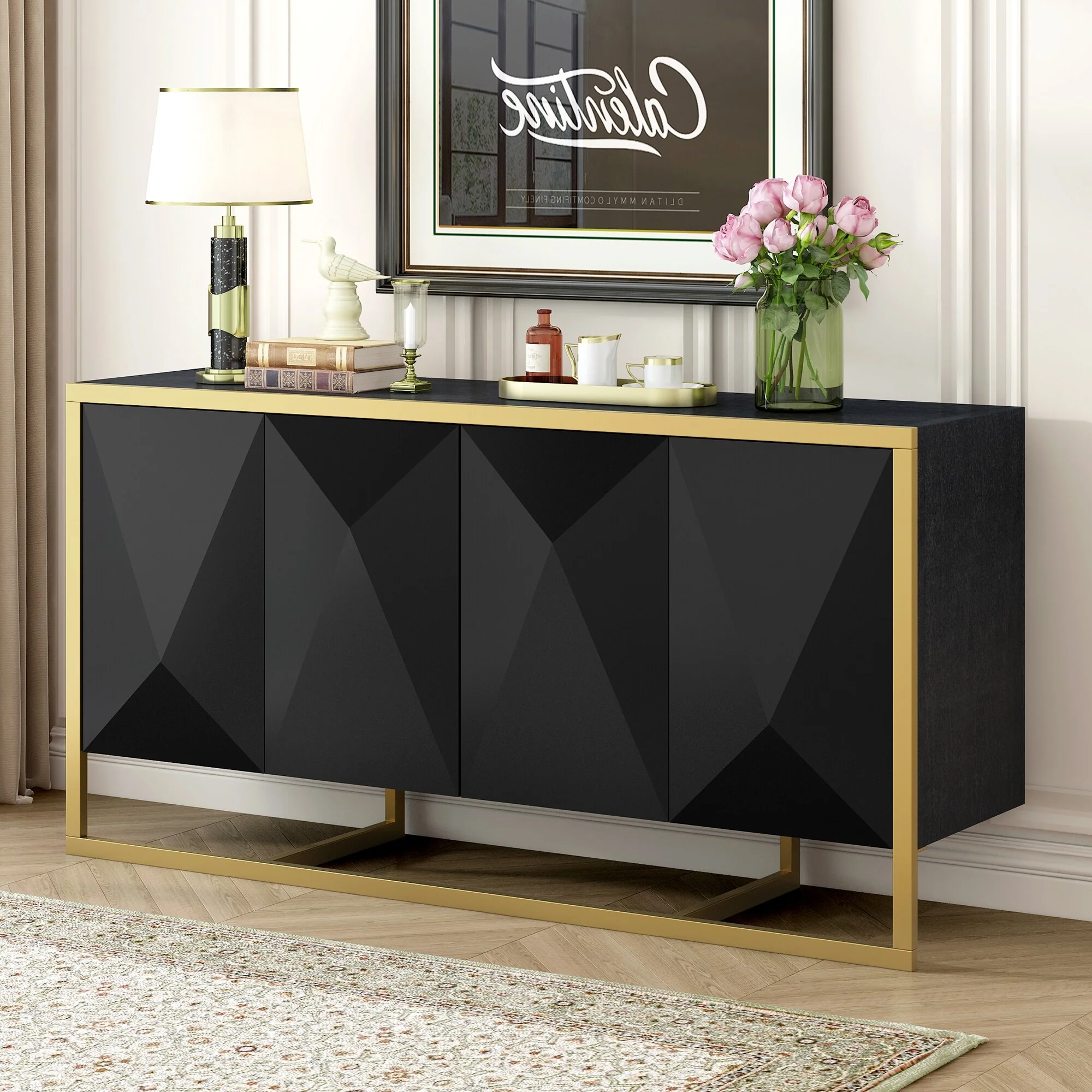 Wood Sideboard Cupboard with Adjustable Shelves, Storage Cabinet with 4 Irregular Door and Unique Metal Legs for Hallway