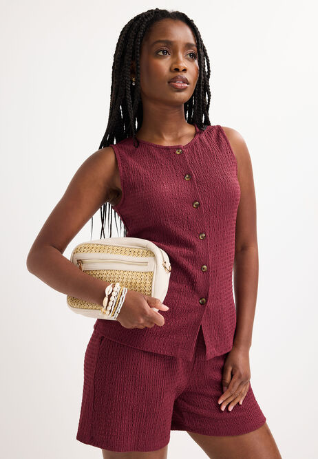 Womens Burgundy Textured Waistcoat Vest Top