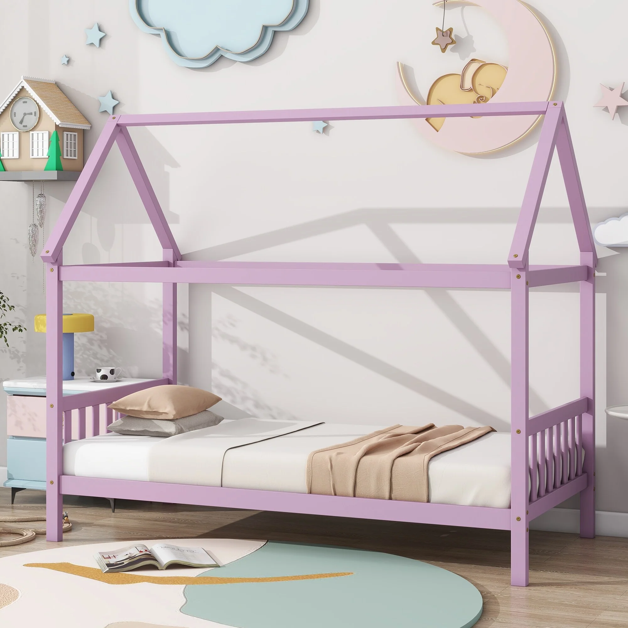 Twin Size Solid Wood House Frame Platform Bed, with Headboard and Footboard, with Underbed Storage Space, Minimalist Kids Bed