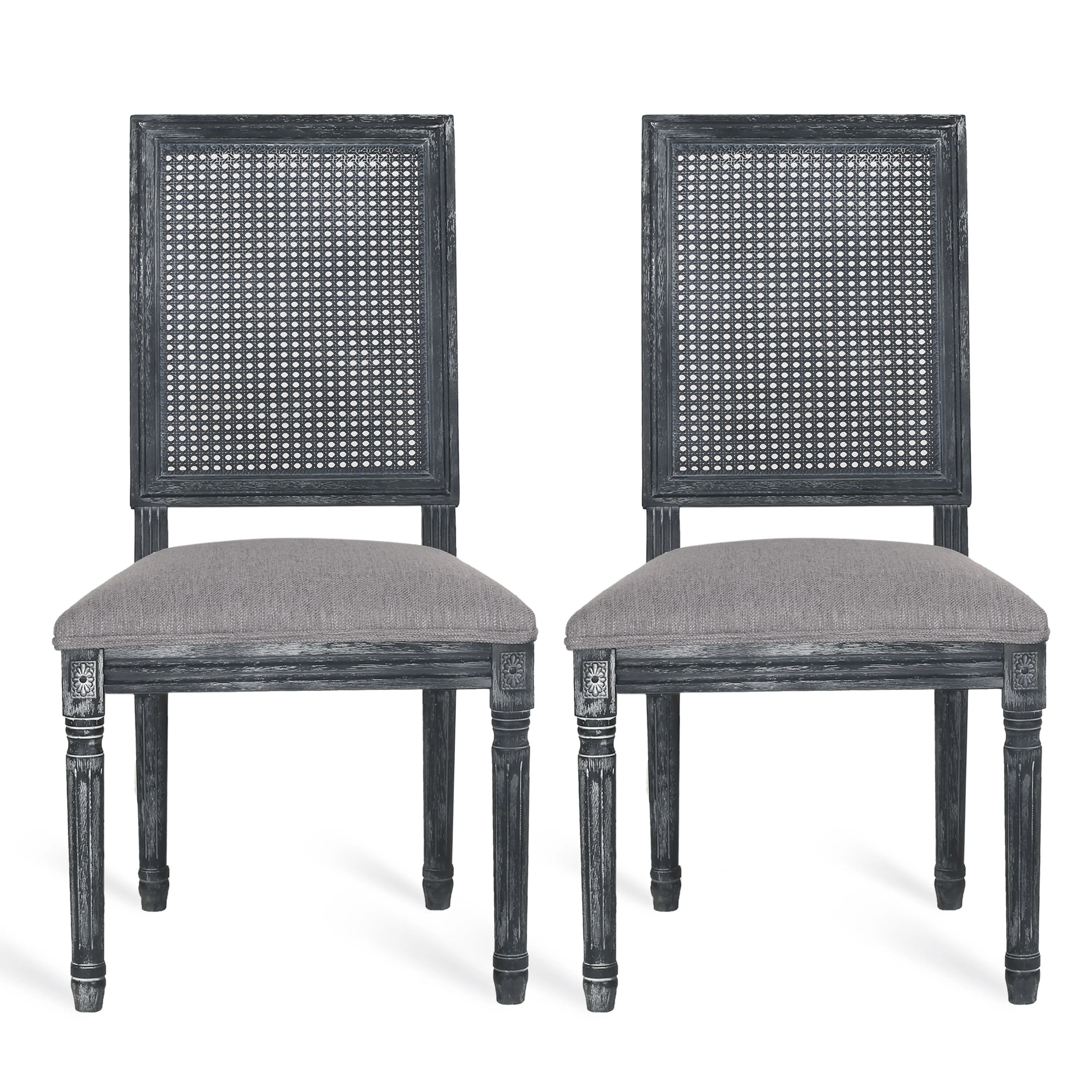 [Set of 2]Dining Chairs -Elegant Backrest & Upholstered Seats with Fluted Legs -Rustic Weathered Finish -Rubberwood Frame