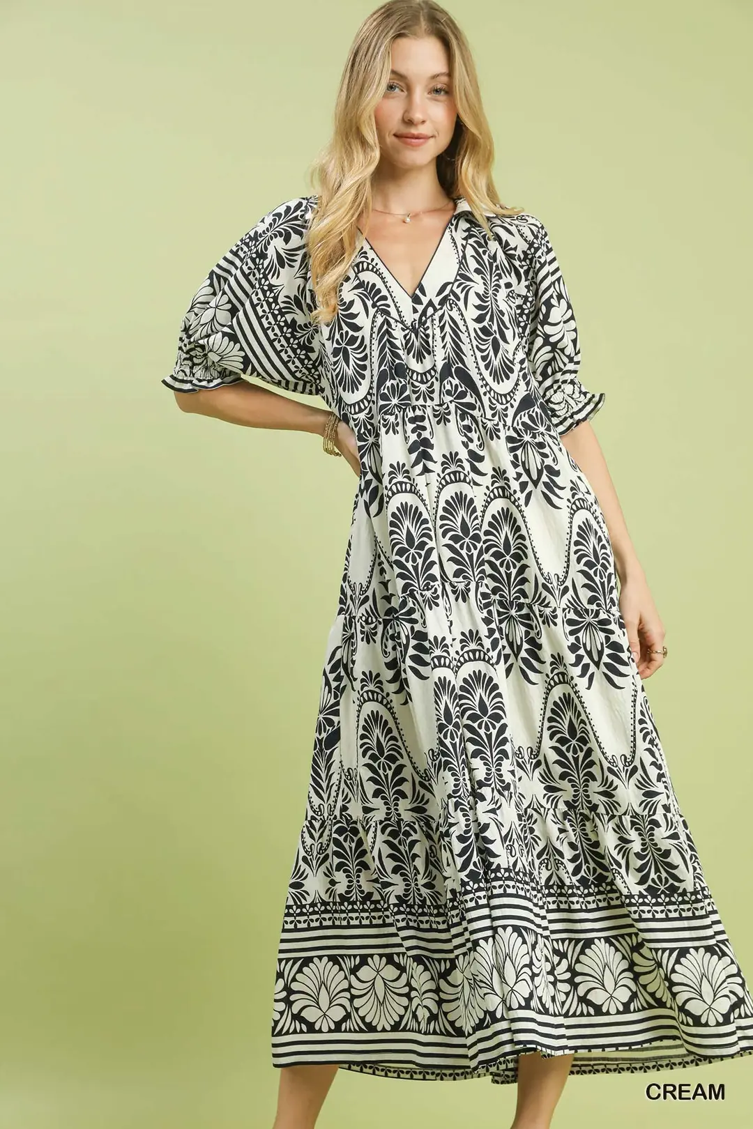 Two tone Border Print Midi Dress