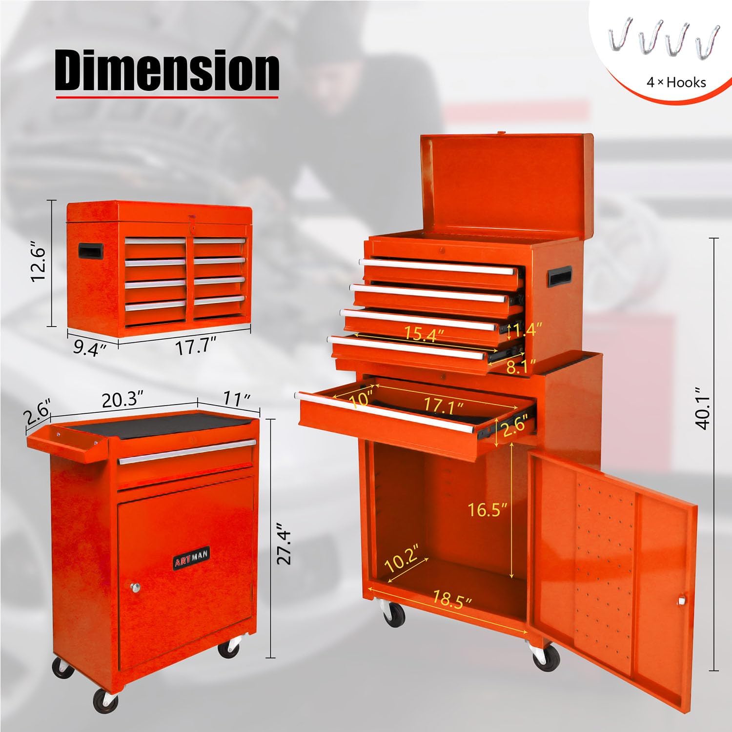 5-Drawer Tool Chest, Rolling Tool Box with Detachable Top Toolbox & Universal Wheels, Tool Cabinet with Lock Bar, Protective Liner & Tool Rack, Metal Storage Cart for Garage,Workshop (Orange)