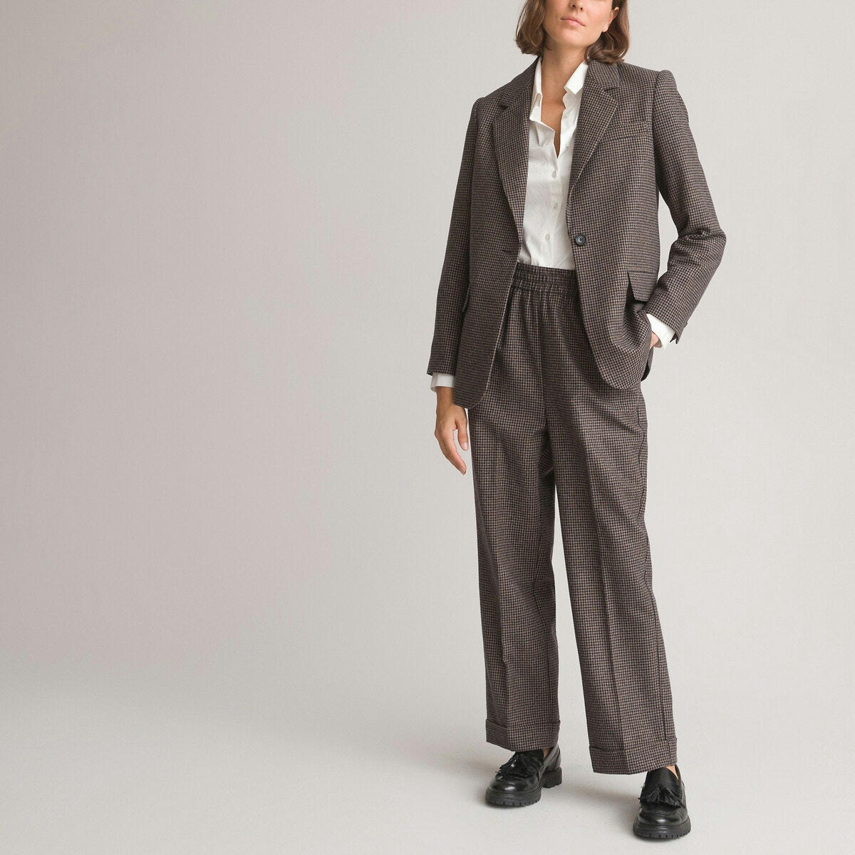 Pantalon large à carreaux, laine mélangée