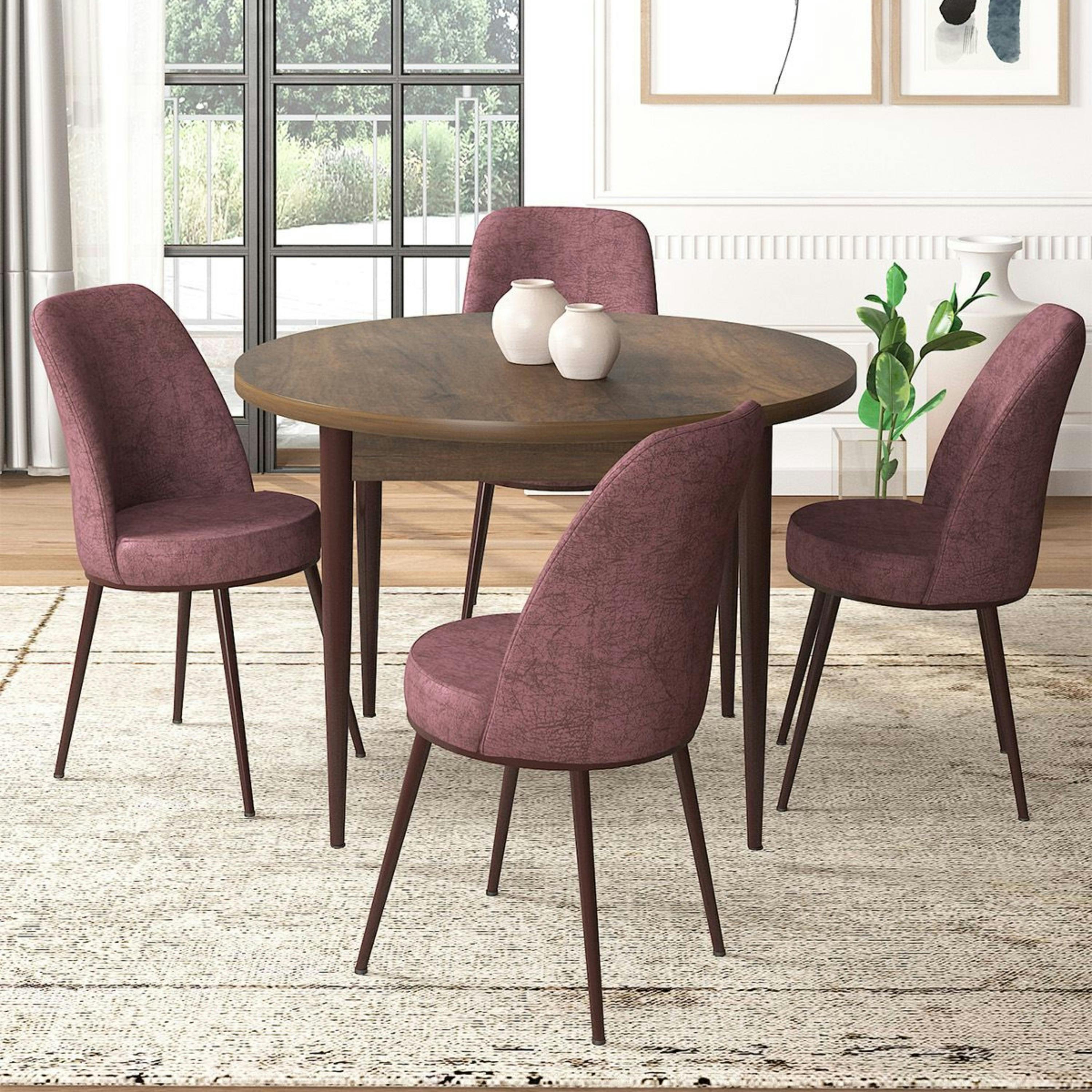 Ensemble table ronde Ø90 cm   4 chaises roses à motifs AROLA