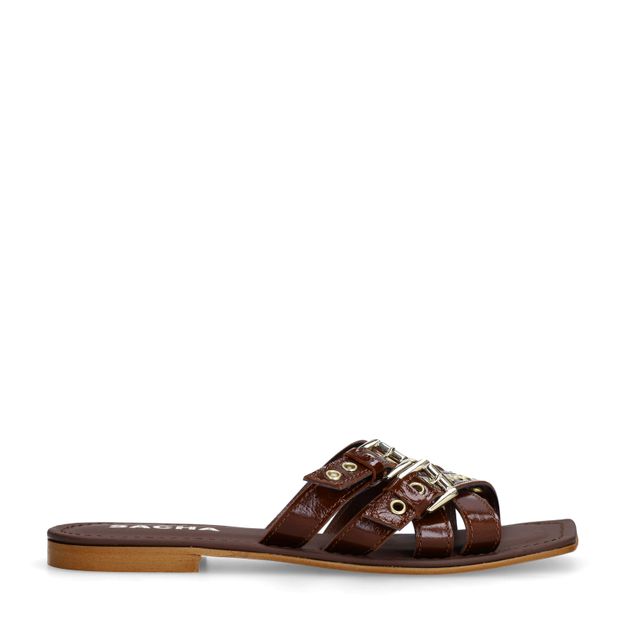 Bruine leren buckle slippers