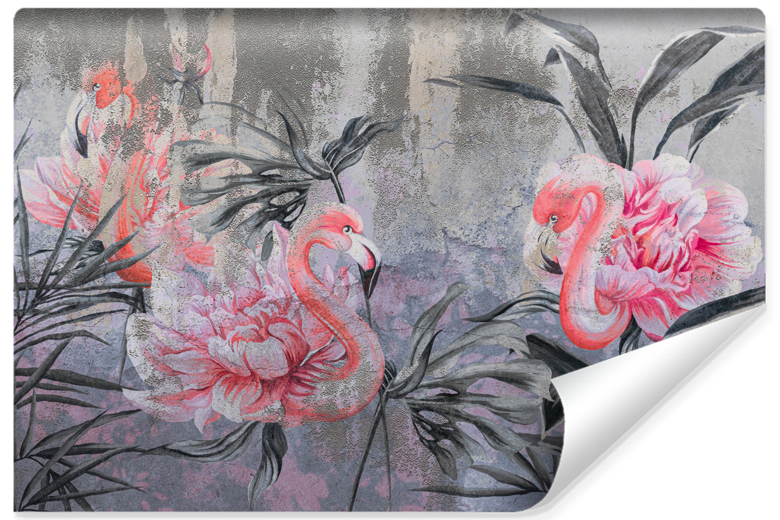 Fototapeta Flamingi Pośród Kwiatów Na Betonie 90x60cm