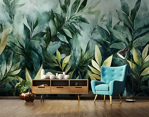 Papier Peint Panoramique Intissé Vert Feuilles 400x280 cm - Colle Inclus - Chambre et Salon