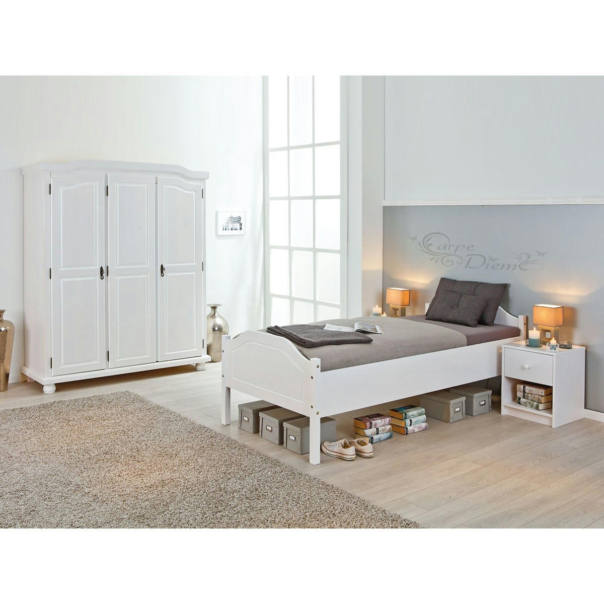 KAROL - Lit  90x200cm bois massif vernis blanc