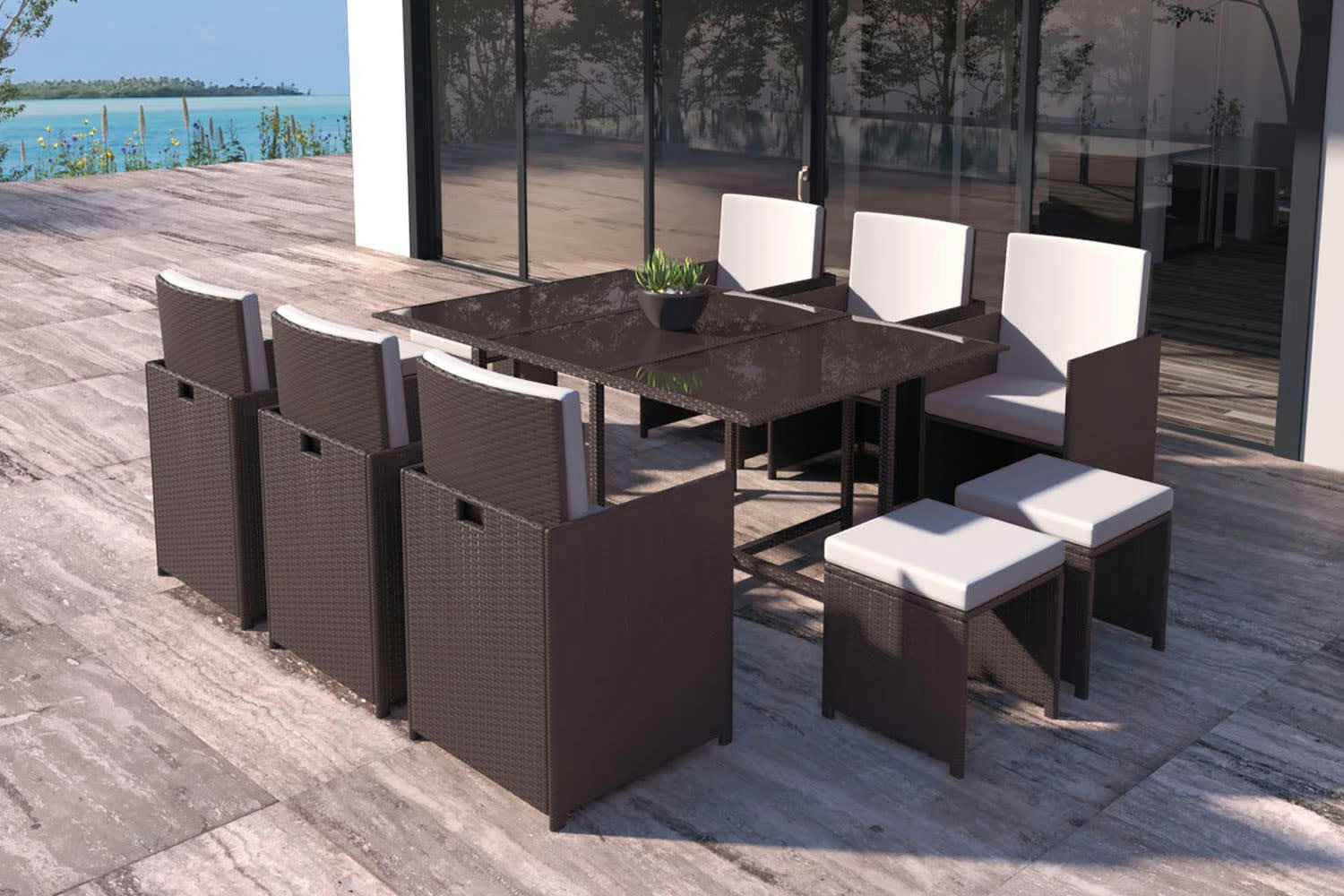 FLORIDA - Salon de jardin encastrable Marron/Blanc 10 places