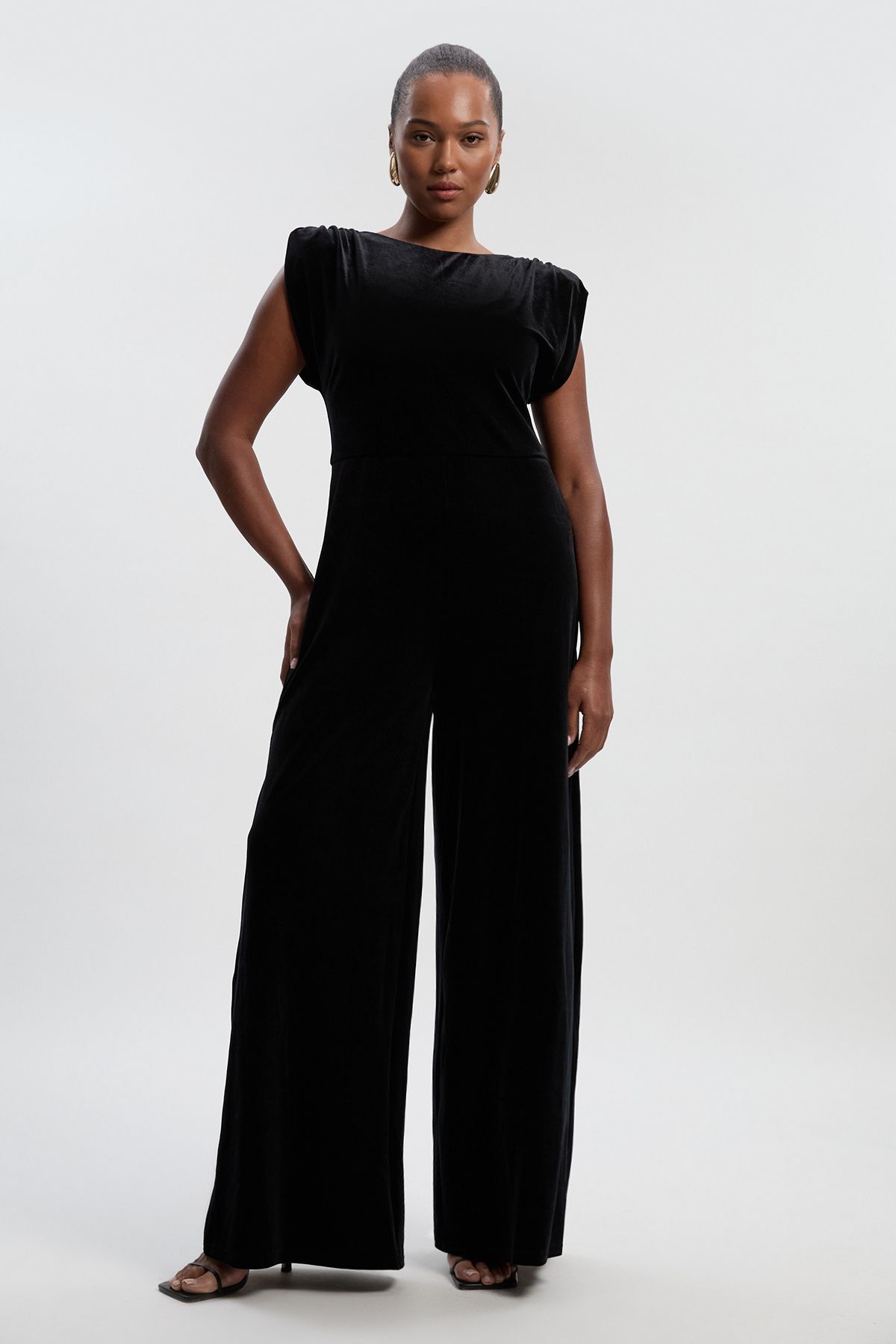 KarenMillen Plus Size Stretch Velvet Strong Shoulder Jumpsuit