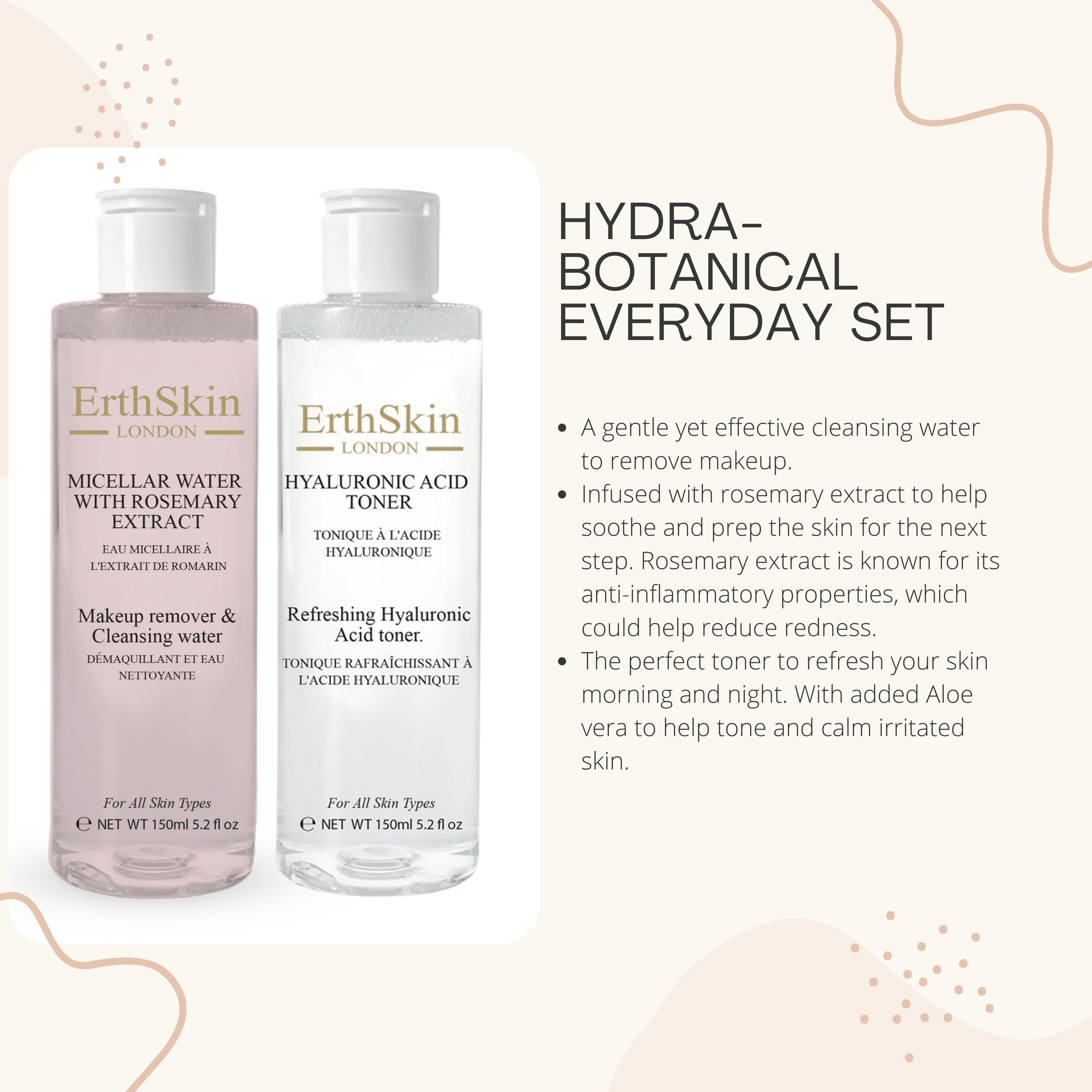 Erth Skin London Refreshing Hyaluronic Acid Toner 150ml   Micellar Water with Rosemary Extract 150ml