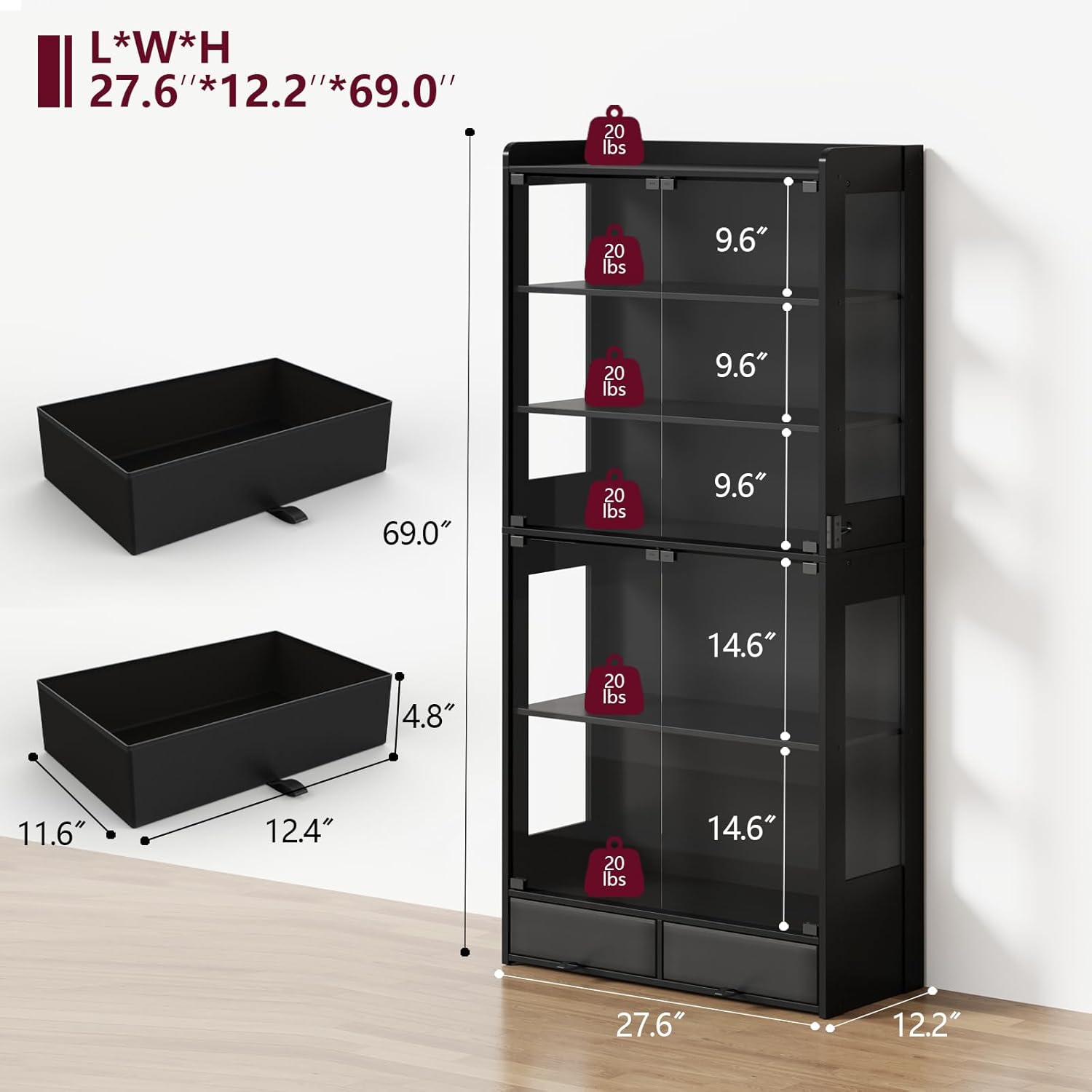 ROCHECASA Glass Display Cabinet 69''H with LED Lights, 5-Tier Showcase with Drawers, Collectible Figure Display Case, Freestanding Curio Cabinet, Tall Storage Shelves, Black, 27.6''W