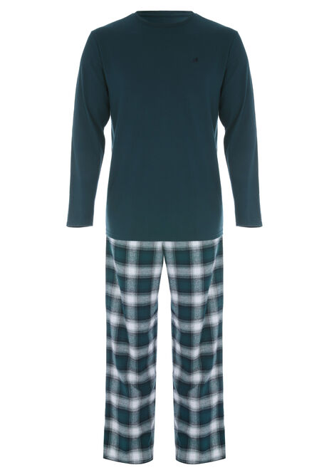 Mens Teal Check Jersey Woven Pyjama Set