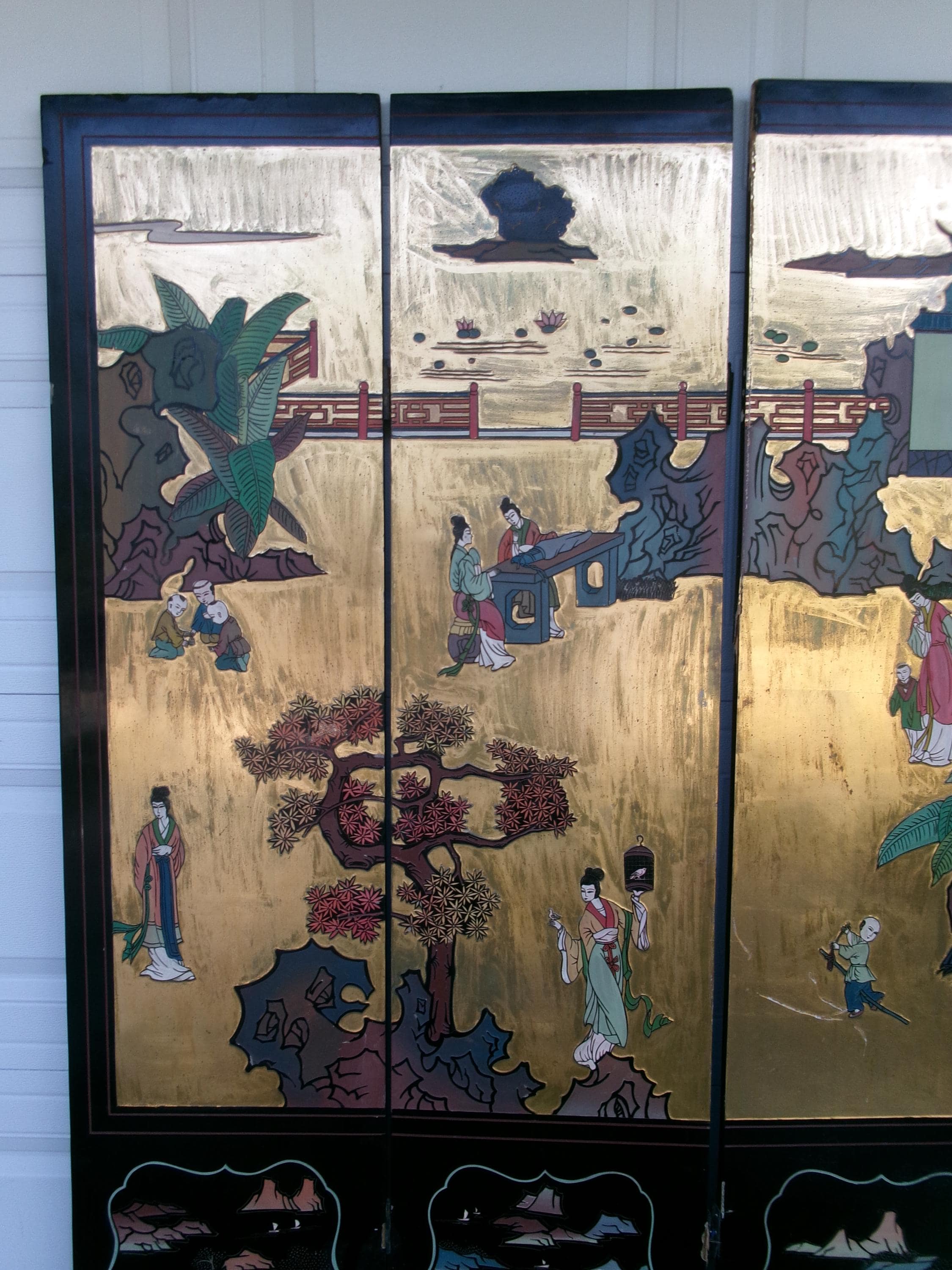 Gold Asian Screen Room Divider Japanese Pagoda Chinoiserie Folding 4 Panels Ladies Kids Trees Oriental Chinese Chippendale Coromandel ST