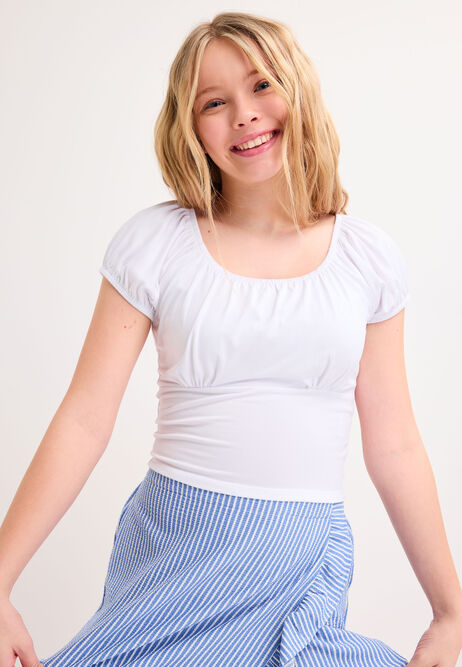 Older Girls White Gathered Puff Sleeve Top