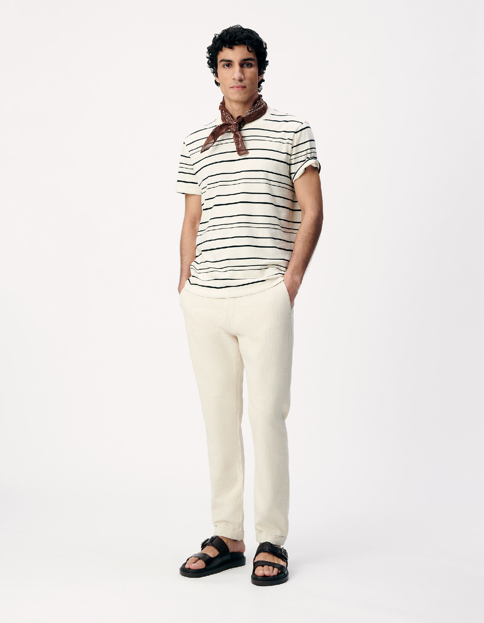 Pantalon tapered beige coton et lin Homme
