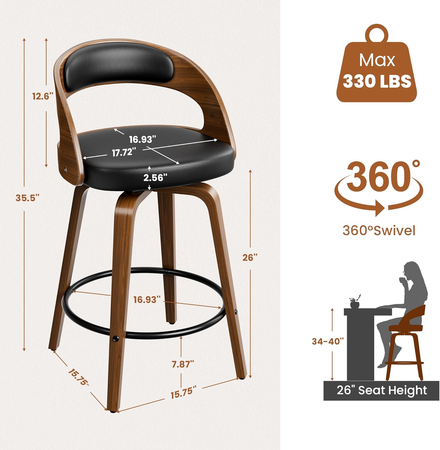 Bar Stools Set of 2, 26 Swivel Counter Height Bar Stools with Bentwood Legs and Back, Mid Century Modern Faux Leather Upholstered Counter Stools for Kitchen Island, Bar, Restaurant, Black