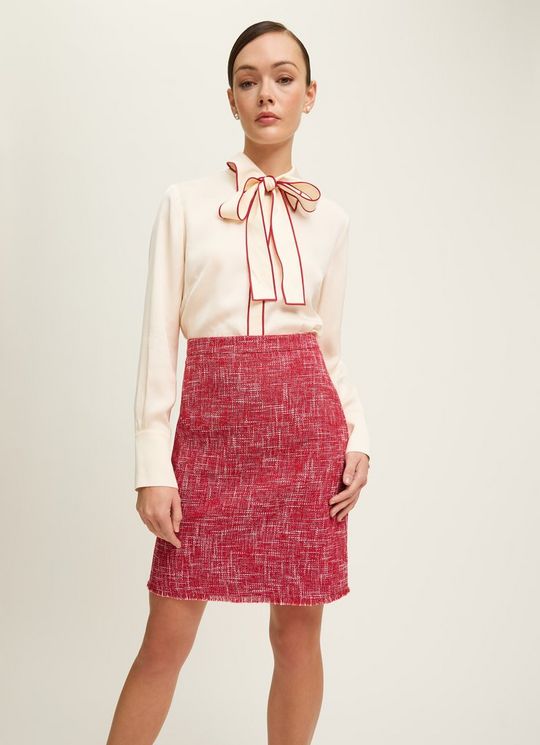 Alexa Red Cotton Blend Tweed Fray Hem Pencil Skirt