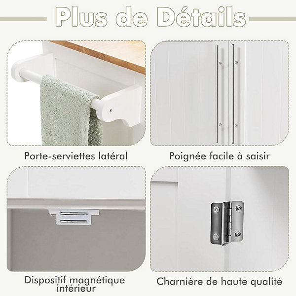 Desserte Îlot de Cuisine Desserte à roulettes Chariot de Cuisine en Bois avec Placard étagère 3 Niveaux Réglables Blanc