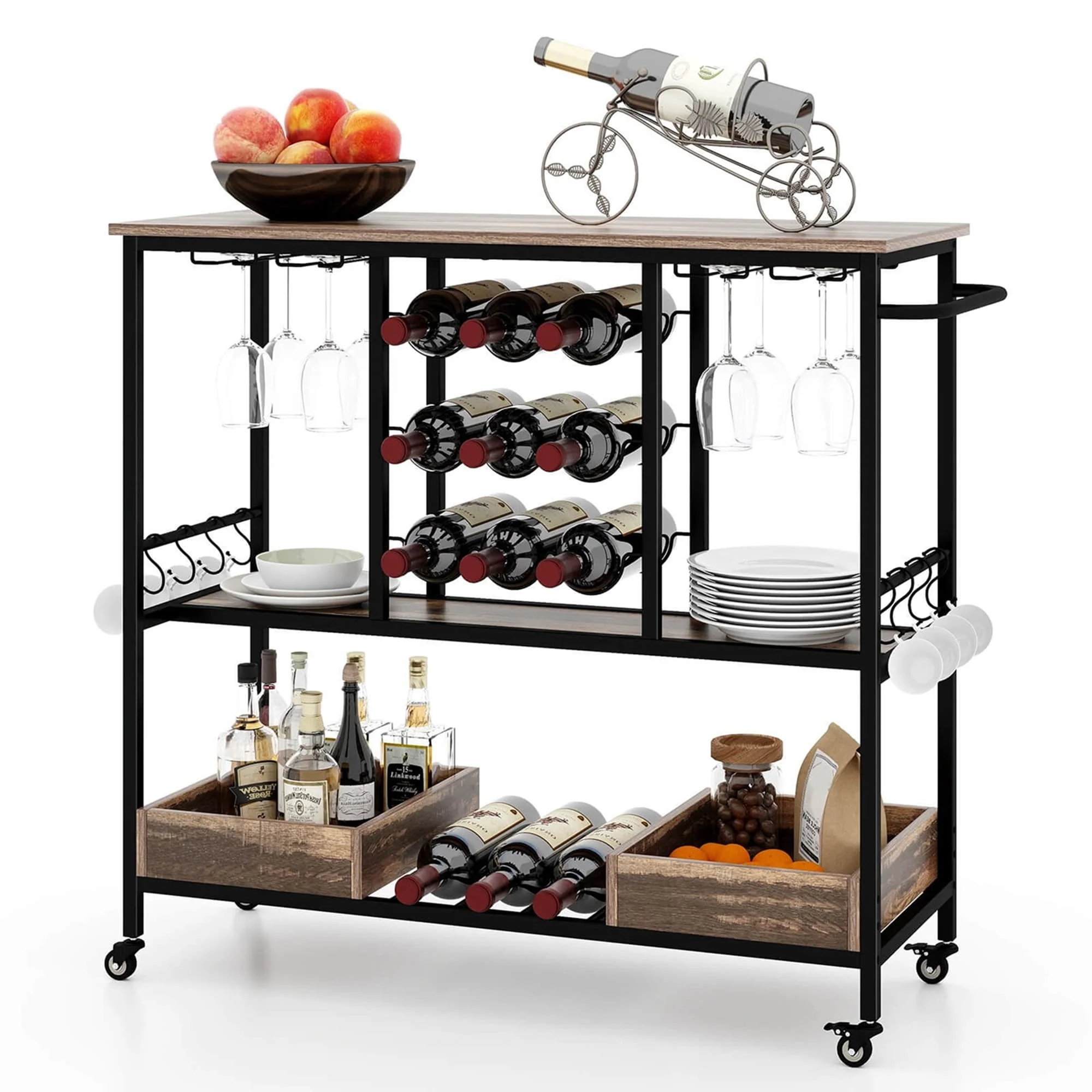 Costway 3 Tiers Bar Cart Home Serving Cart on Wheels with Glass Racks - See Details