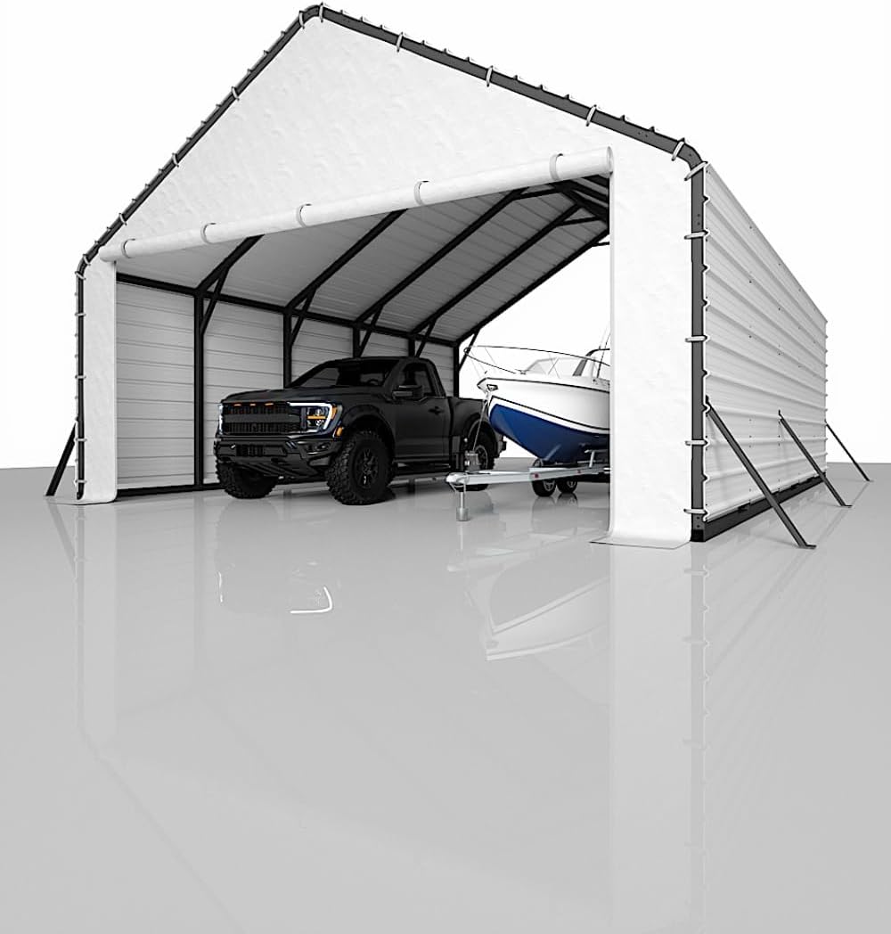 Carport Enclosure Kit for 20x26 20x21 20x16 Metal Carports, 2-Pack Heavy-Duty 220gsm PE Roll-Up Zipper Door Panels, Front & Back Cover with Ball Bungees,White