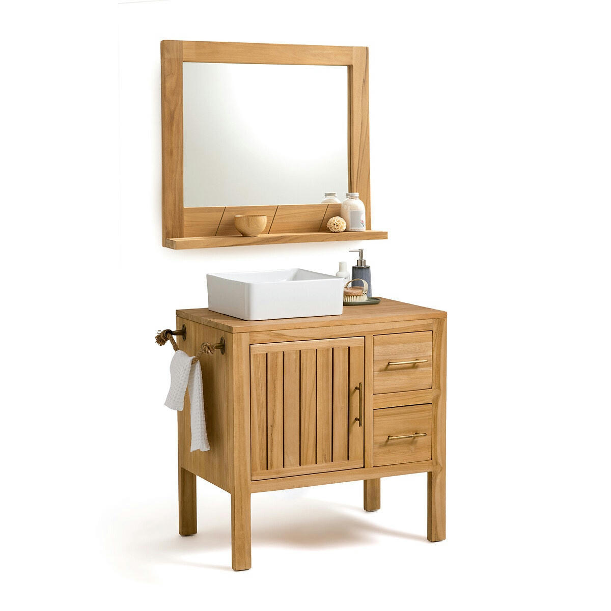 Miroir de salle de bain teck massif, L80 cm, Capti