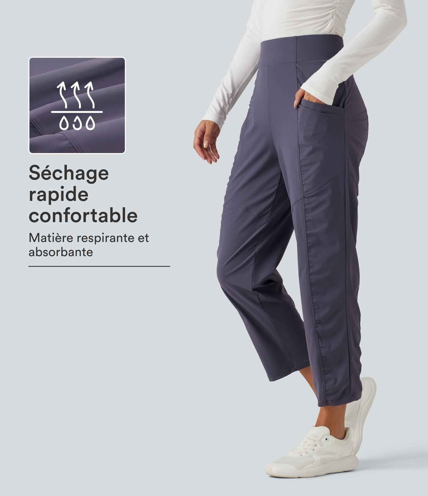 Pantalon de running à séchage rapide taille haute, froncé et coupe fuselée avec poches