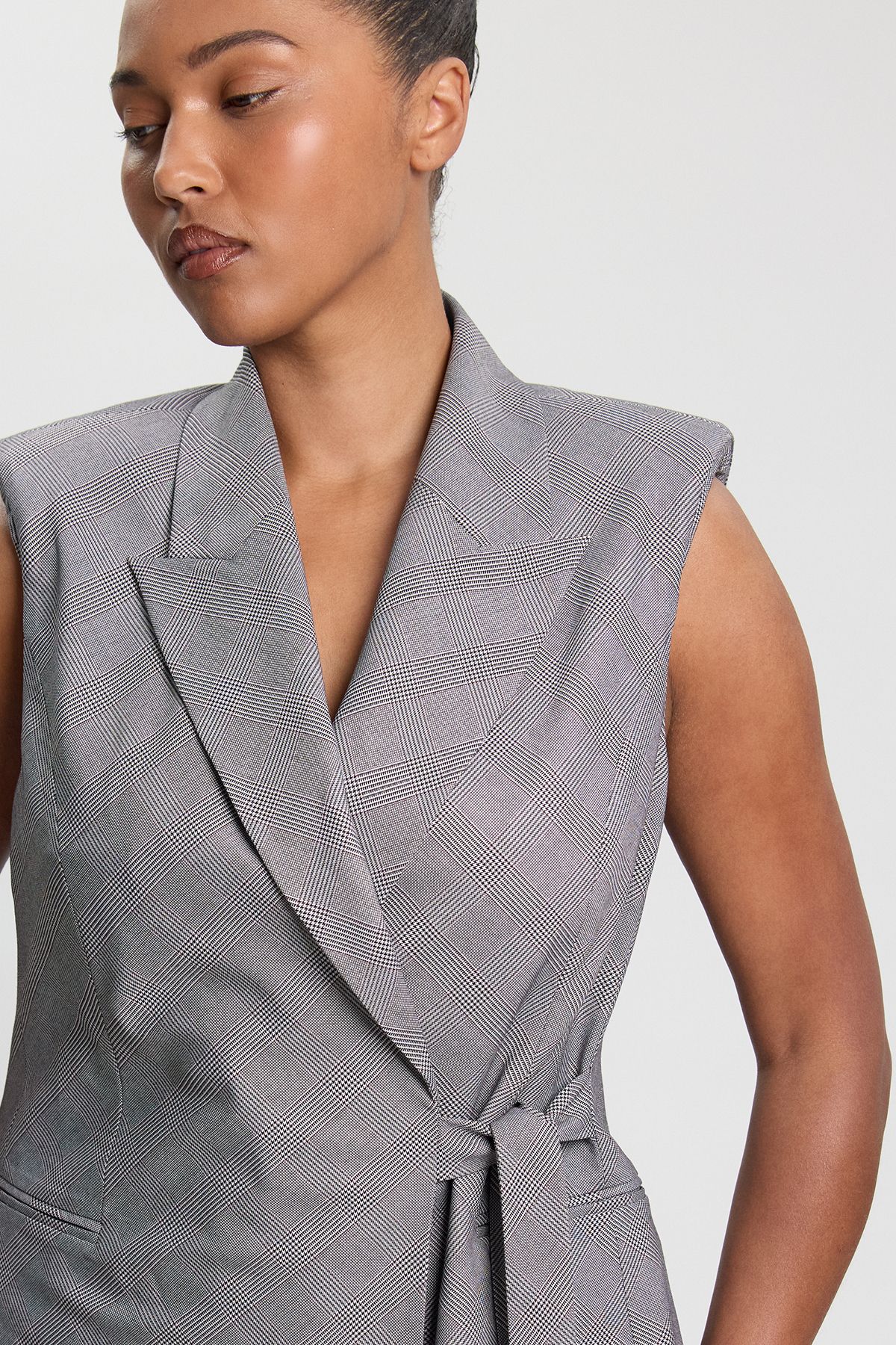 KarenMillen Plus Size Soft Tailored Check Wrap Detail Sleeveless Blazer