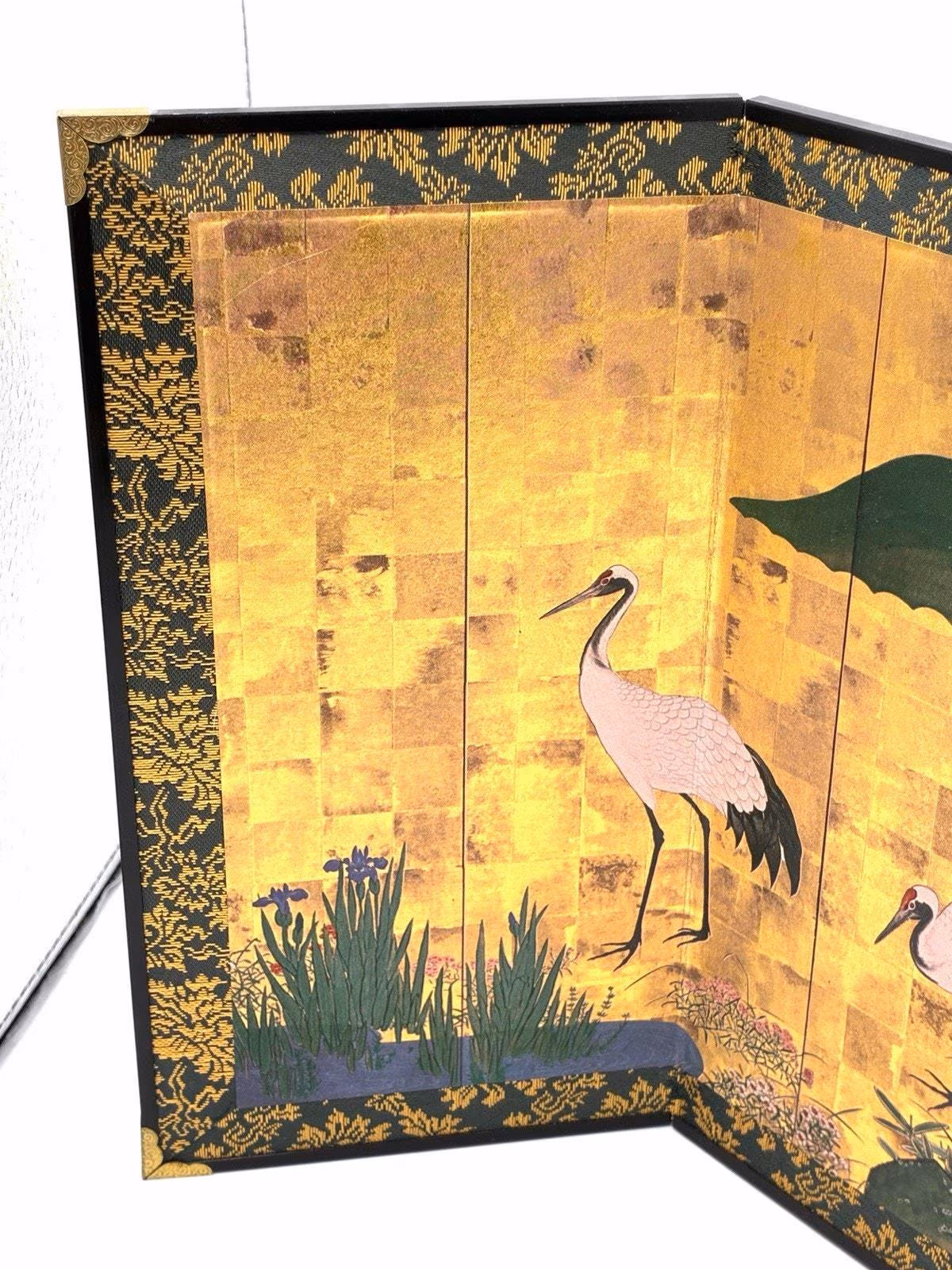 Vintage Japanese Byobu Folding Screen Cranes Pine Gold 18” Miniature Tabletop