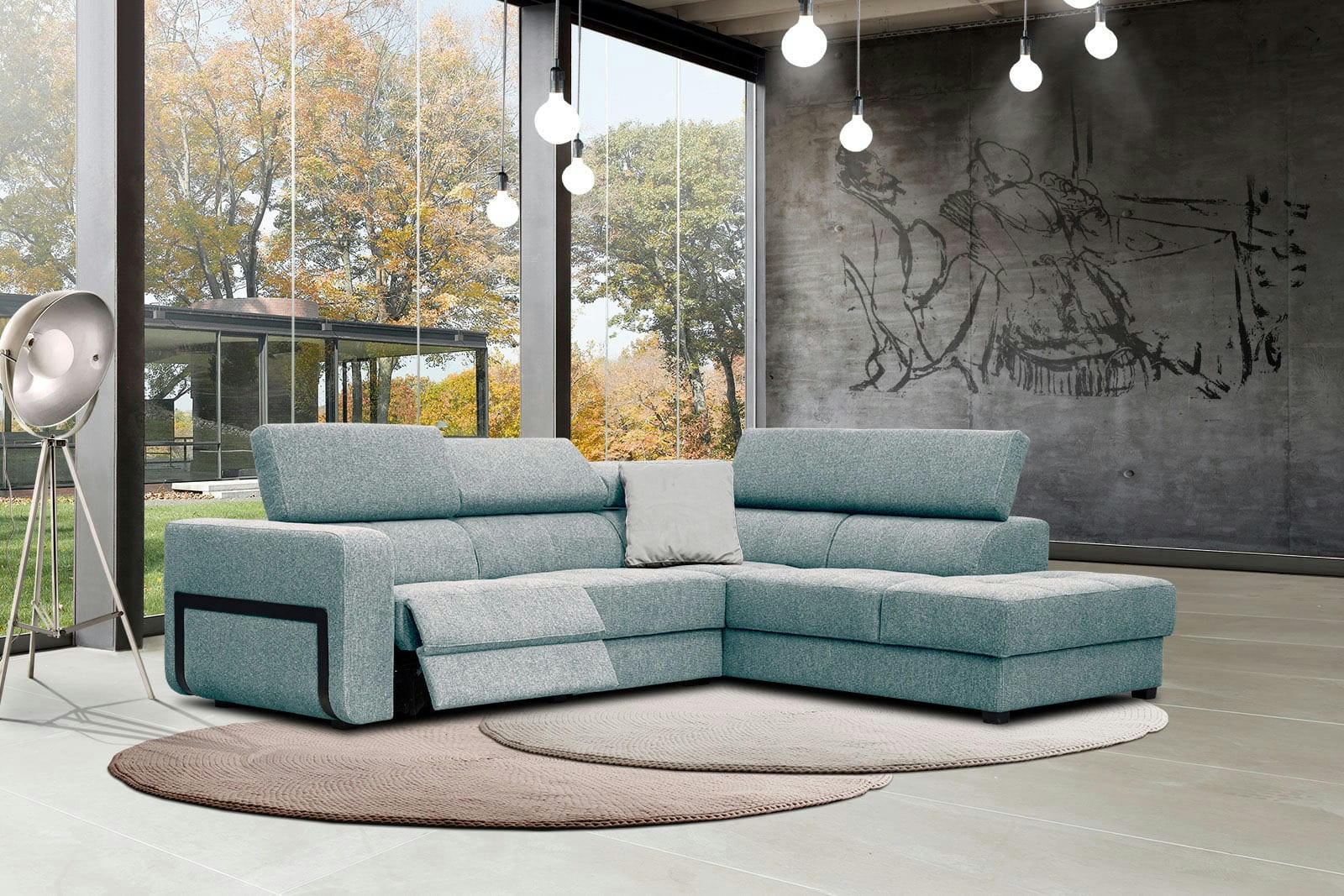 BERGO - Canapé d'angle droit 5 places avec relax électrique tissu bleu clair