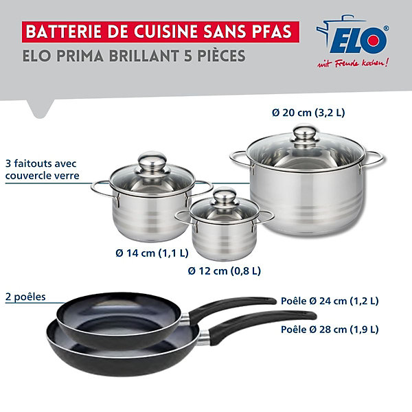 Ensemble de 2 Poêles de cuisson 24 et 28 cm et 3 faitouts 12, 14 et 20 cm Elo Prima Brillant