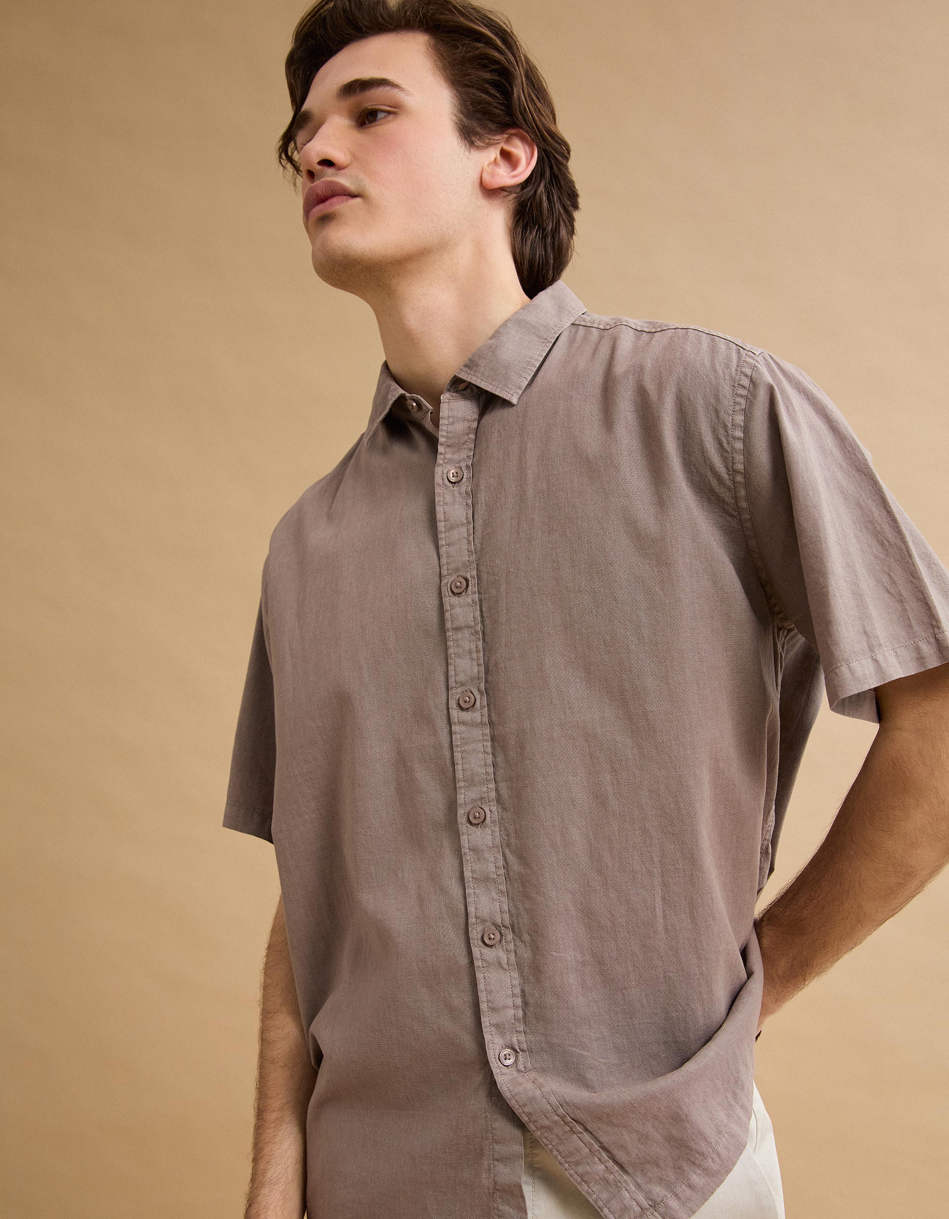 Camisa com Linho, Homem, Castanho Claro
