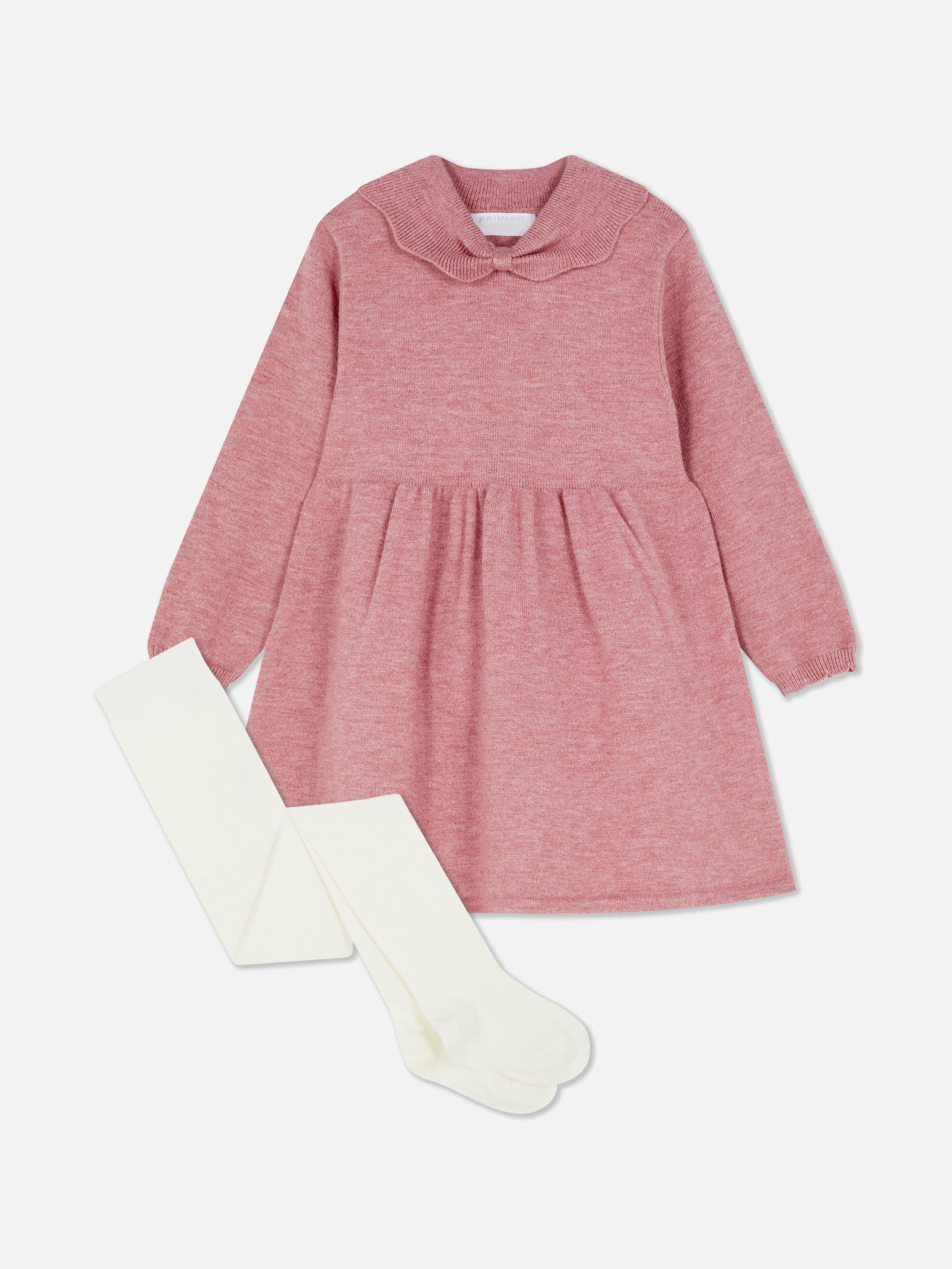 0-36mths | Bow Collared Sweater Dress and Tights Set