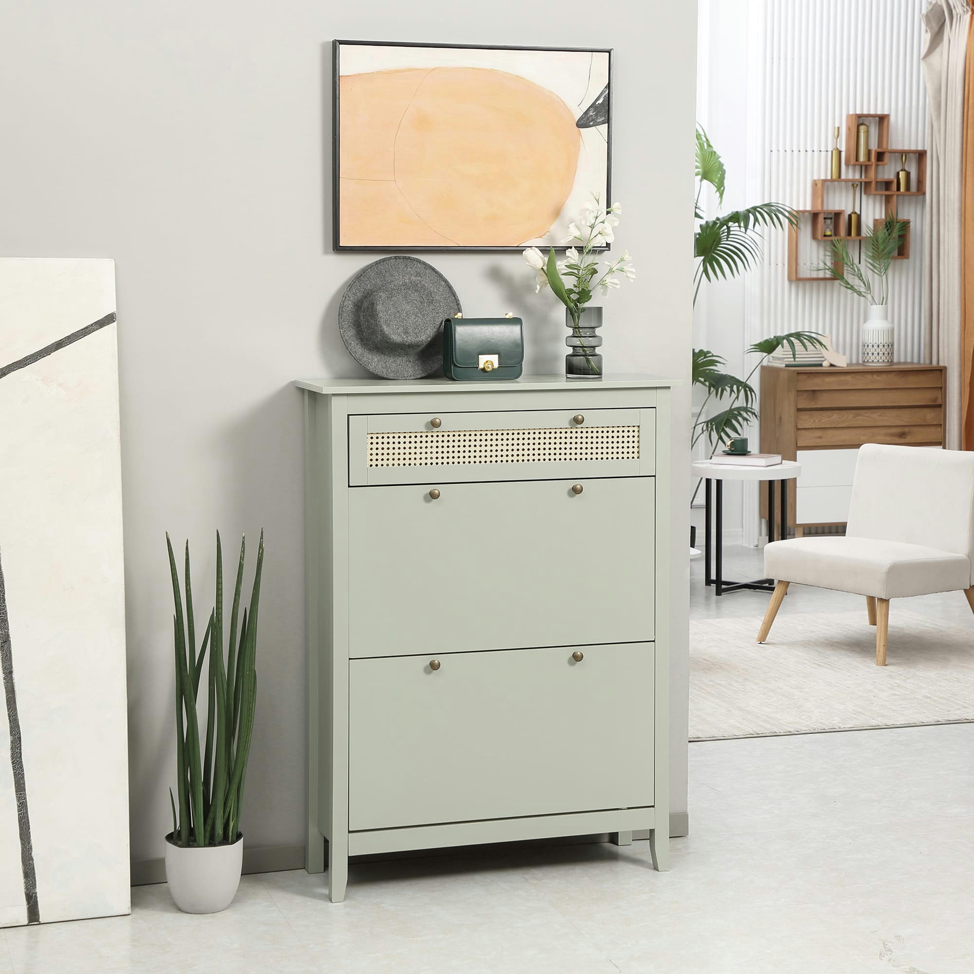 - Meuble à chaussures style bohème chic vert d'eau aspect rotin