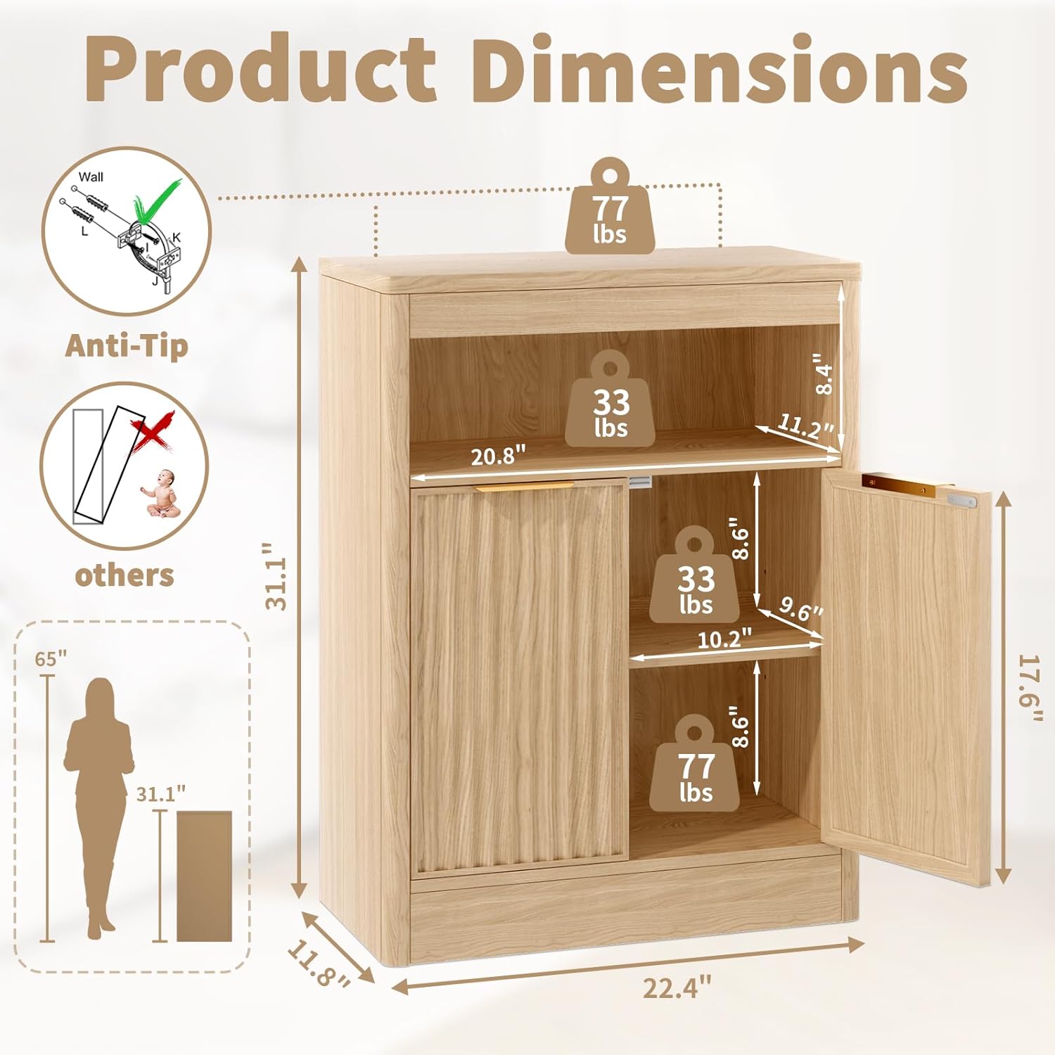 Fluted Buffet Cabinet with Storage, Small Coffee Bar Cabinet with Doors & Adjustable Shelves, Wood Storage Cabinet for Kitchen, Living Room, Entryway, Oak