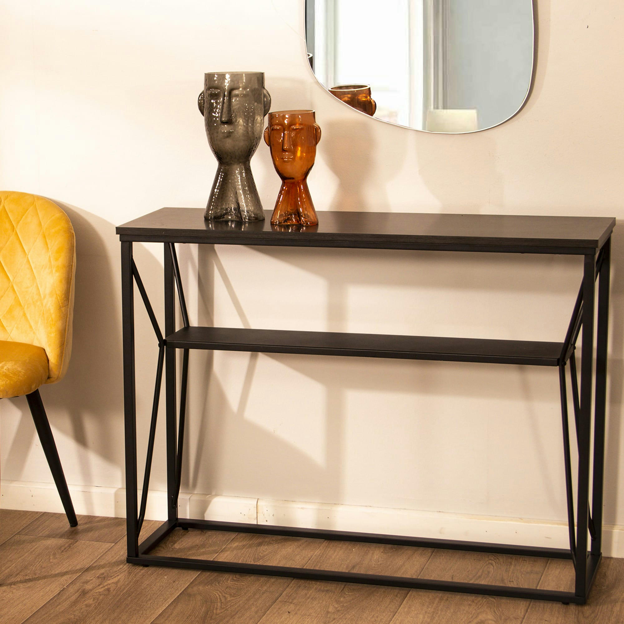 - Console en métal et bois noir 2 plateaux 100x30x75cm
